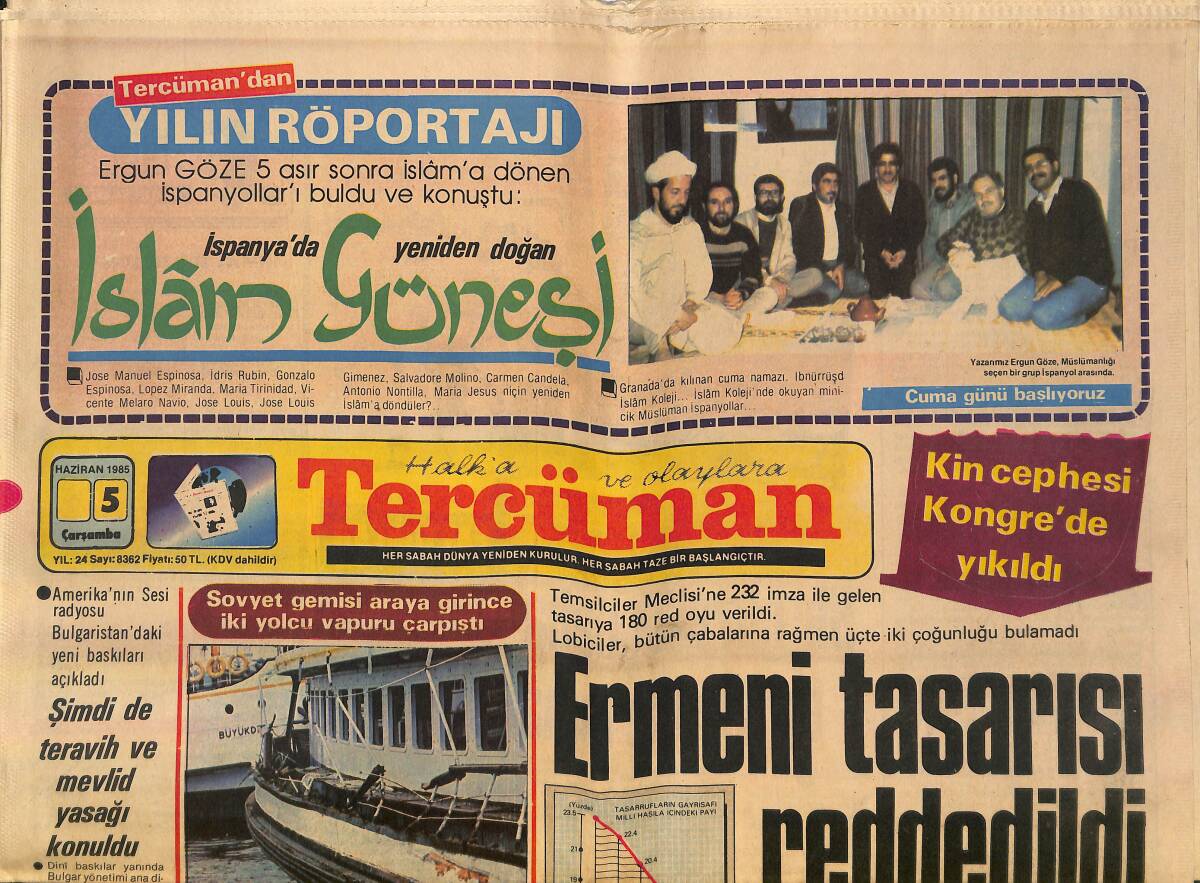 Tercüman Gazetesi 5 Haziran 1985 - Ermeni Tasarısı Reddedildi - Cindoruk Bugün Köşke Çıkıyor GZ150299 - 1