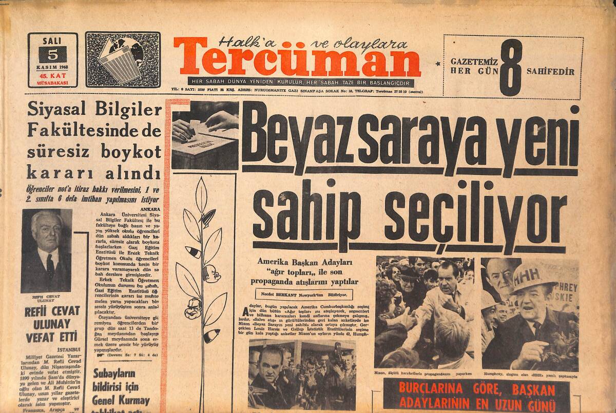 Tercüman Gazetesi 5 Kasım 1968 - Beyaz Saraya Yeni Sahip Seçiliyor! - Cruyff'u Frenlersek Ajax'ı Eleyebiliriz! - Faruk Ilgaz Moral Kampanyası Açtı! GZ146111 - 1