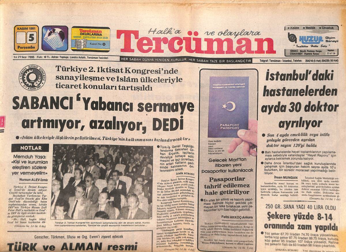 Tercüman Gazetesi 5 Kasım 1981 - İstanbul'daki Hastahanelerden Ayda 30 Doktor Ayrılıyor - Sabancı Yabancı Sermaye Artmıyor Azalıyor Dedi GZ147170 - 1