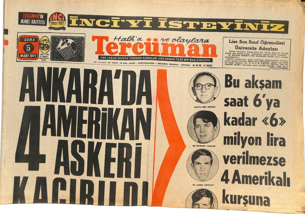 Tercüman Gazetesi 5 Mart 1971 - Ankara'da 4 Amerikan Askeri Kaçırıldı - Clay'in Hayatından - Fraizer'in Hayatından GZ144641 - 1