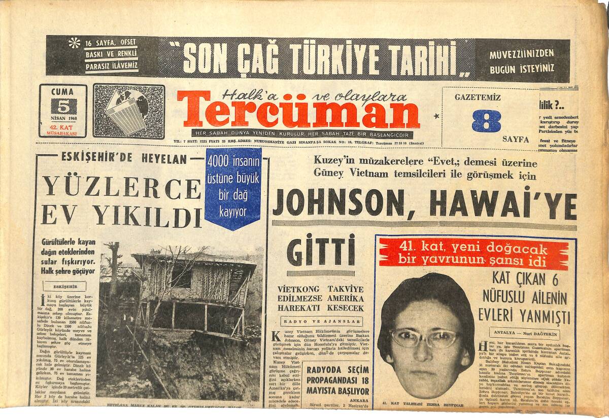 Tercüman Gazetesi 5 Nisan 1968 - Johnson , Hawai'ye Gitti - Keban Projesi Tatbik Edilemiyor GZ145397 - 1
