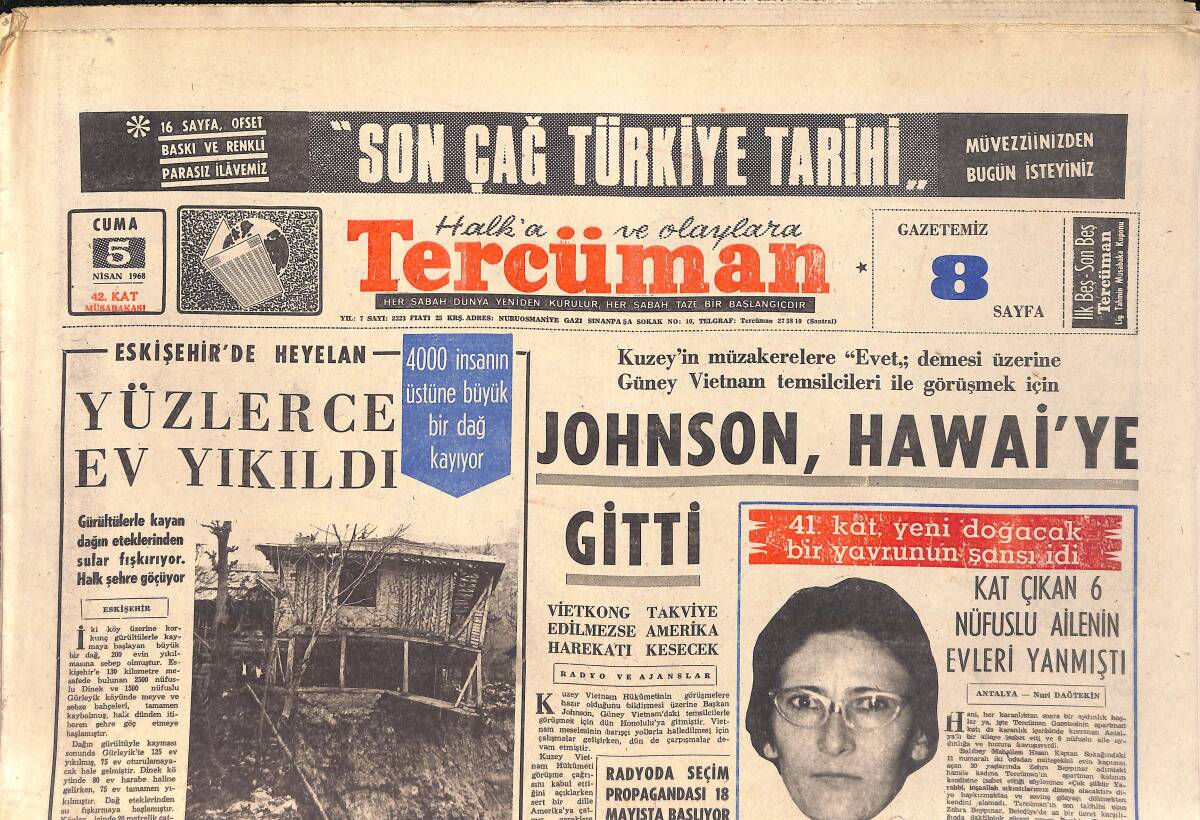 Tercüman Gazetesi 5 Nisan 1968 - Keban Barajı Projesi Tatbik Edilemiyor - Eskişehir'de Heyelan GZ157069 - 1
