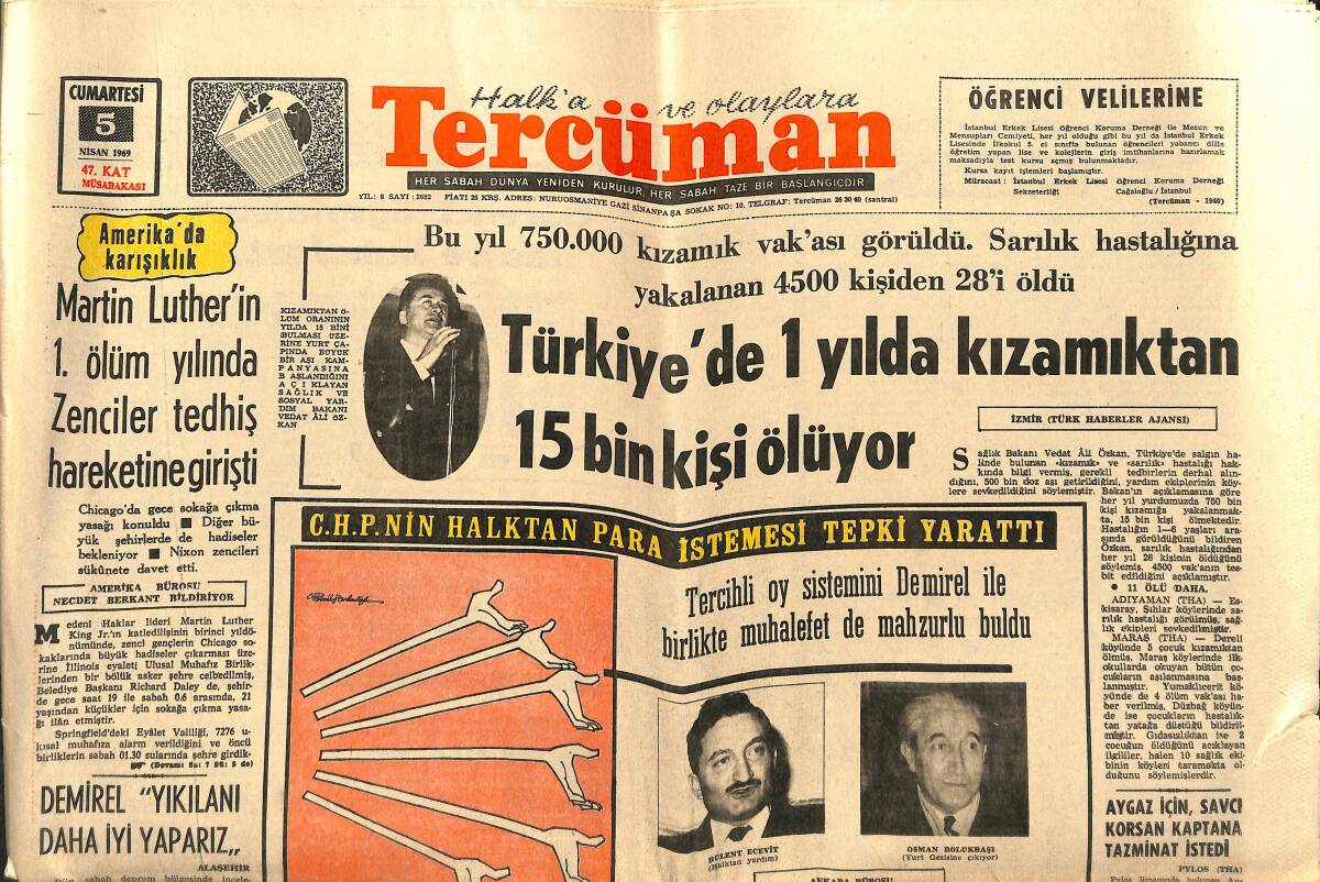 Tercüman Gazetesi 5 Nisan 1969 - Türkiye'de 1 Yılda Kızamıktan 15 Bin Kişi Ölüyor - Fırat 10 Metre Yükseldi Halk Dağlara Çekiliyor GZ149496 - 1