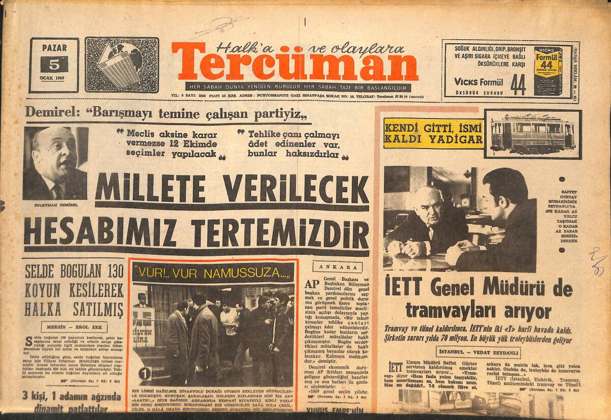 Tercüman Gazetesi 5 Ocak 1969 - Demirel: Millete Verilecek Hesabımız Tertemizdir! - İnönü: 1969 Yılı Ümit Yılı Olacak Dedi! GZ146282 - 1