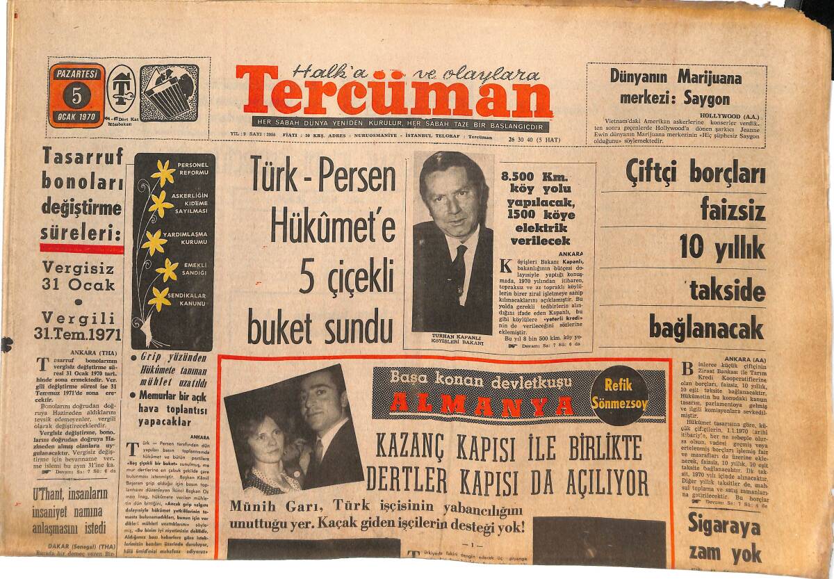 Tercüman Gazetesi 5 Ocak 1970 - Türk-Persen Hükümet'e 5 Çiçekli Buket Sundu - Grip , Türkiye'nin Dörtte Üçünü Tesiri Altına Aldı GZ144755 - 1