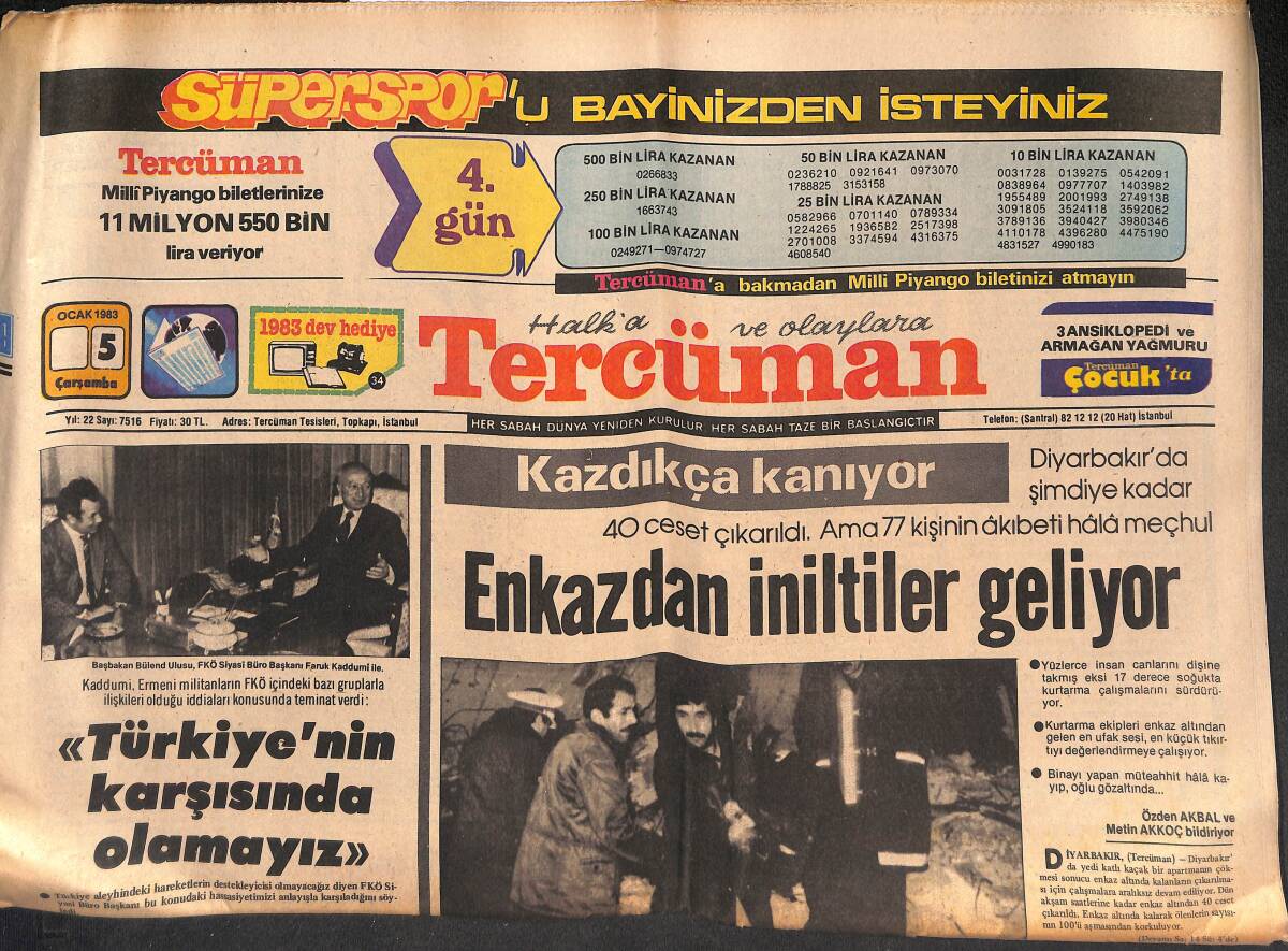 Tercüman Gazetesi 5 Ocak 1983 - Artin Penik'in Oğlu da Viyana'da İntihar Etti - Saral , Kendi İsteğiyle İtalyan Savcı Martella'ya İfade Verdi GZ134451 - 1