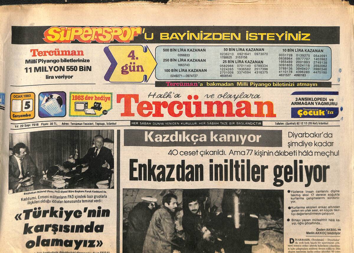 Tercüman Gazetesi 5 Ocak 1983 - Saral , Kendi İsteğiyle İtalyan Savcı Martella'ya İfade Verdi - Diyarbakır'da Şimdiye Kadar 40 Ceset Çıkarıldı GZ141962 - 1