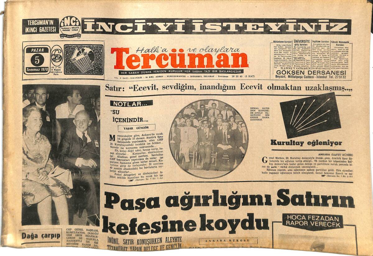 Tercüman Gazetesi 5 Temmuz 1970 - Satır: Ecevit, Sevdiğim, İnandığım Ecevit Olmaktan Uzaklaşmış - Nasrettin Hoca Şenlikleri Bugün Başlıyor GZ144954 - 1