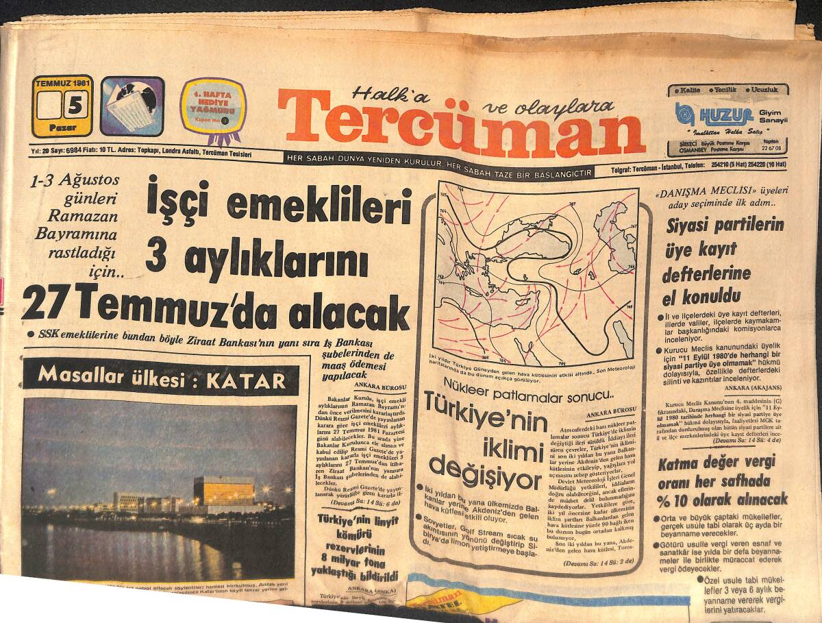 Tercüman Gazetesi 5 Temmuz 1981 - Siyasi Partilerin Üye Kayıt Defterlerine El Konuldu - Galatasaray, Ayhan, Sinan Ve Raşit'i Aldı GZ133225 - 1