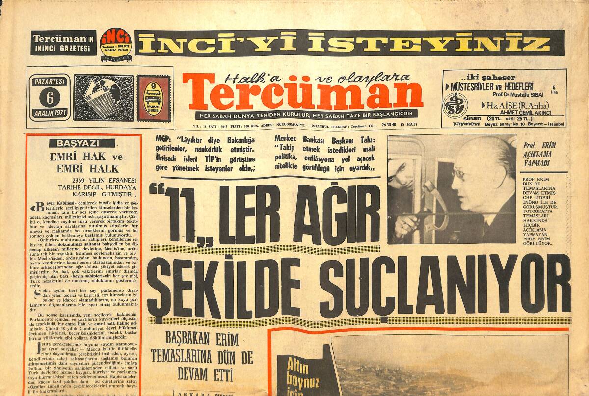Tercüman Gazetesi 6 Aralık 1971 - Haliç'in Temizlenmesine Avrupa Ülkeleri El Attı - Almanya'ya İşçi Sevki Devam Edecek GZ144209 - 1
