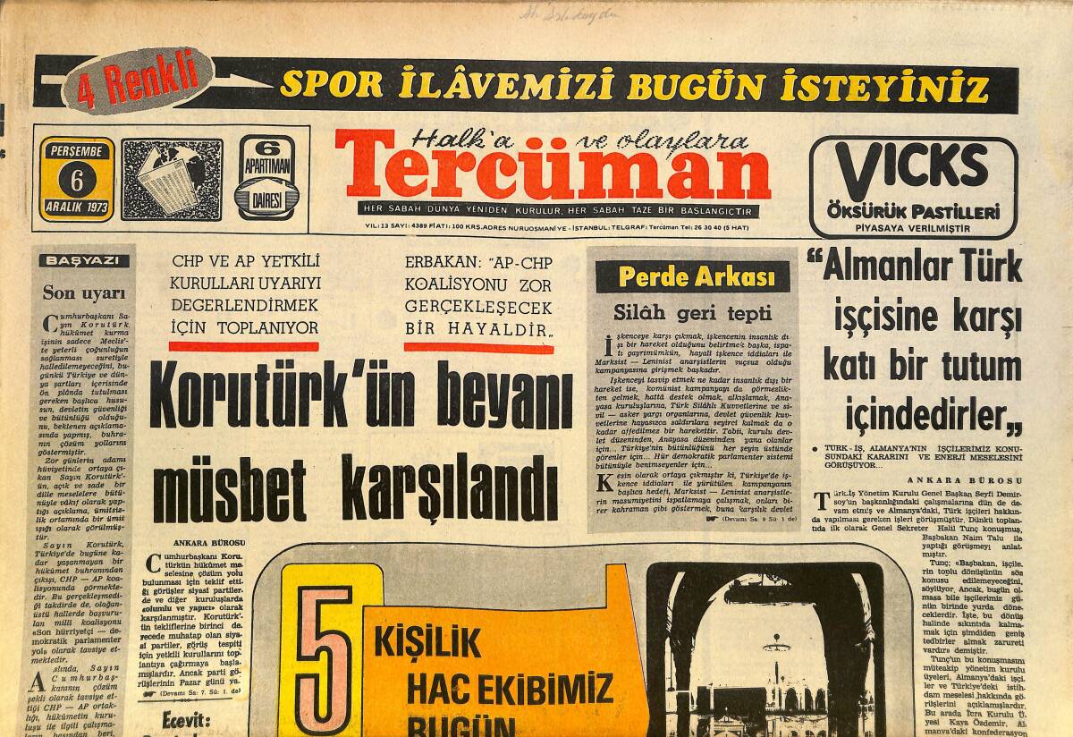 Tercüman Gazetesi 6 Aralık 1973 - Arap Ülkeleri Petrol Üretimini Daha Da Kısmaya Kararlı - Korutürk'ün Beyanı Müsbet Karşılandı GZ145569 - 1