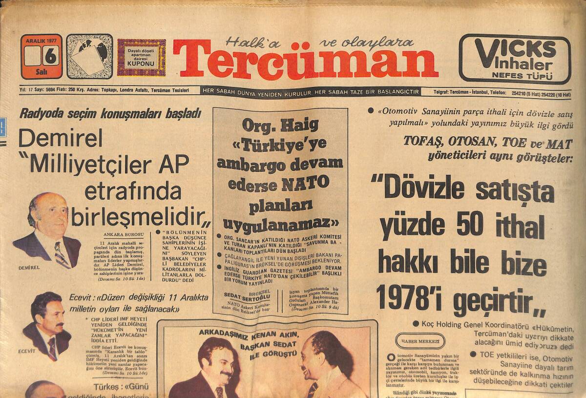 Tercüman Gazetesi 6 Aralık 1977 - Demirel; Milliyetçiler AP Etrafından Birleşmelidir - Eskişehir'de Maocu Ve Leninciler Çatıştı GZ132673 - 1