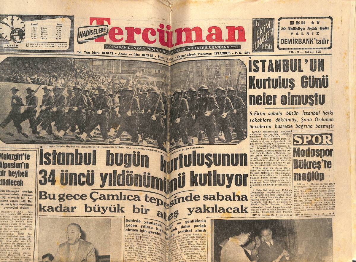 Tercüman Gazetesi 6 Ekim 1956 - İstanbul Bugün Kurtuluşunun 34. Yılını Kutluyor - Rus Dinamo Takımı Dün Şehrimize Geldi! GZ146486 - 1