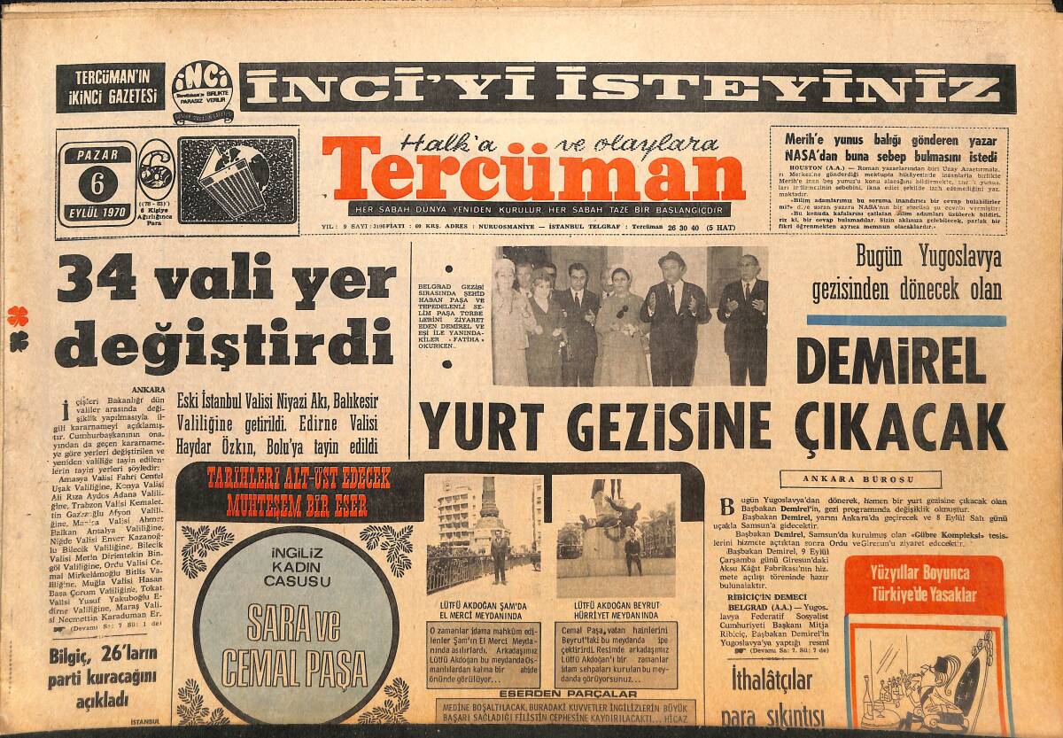 Tercüman Gazetesi 6 Eylül 1971 - Bartu'nun Jübilesi M. Paşa'da Yapılacak - Demirel Yurt Gezisine Çıkacak GZ146219 - 1