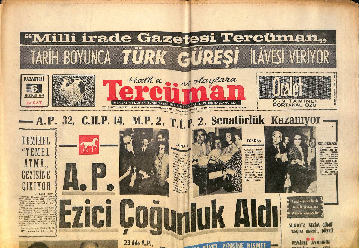 Tercüman Gazetesi 6 Haziran 1966 - TİP'çiler Anadolu Ajansını Bastılar - A.P. Ezici Çoğunluk Aldı GZ160443 - 1