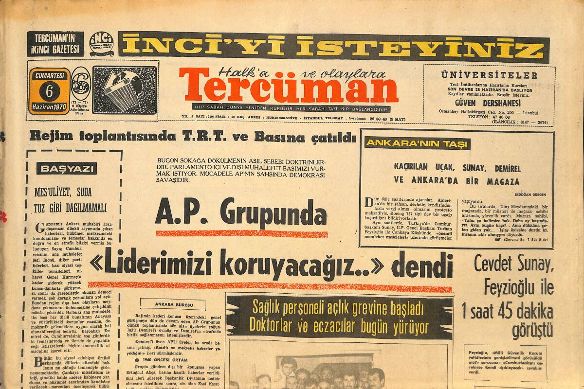 Tercüman Gazetesi 6 Haziran 1970 - Lütfi Doğan Sun'i İlhak İçin Nikah Dışı Herşey Haramdır Dedi - Rejim Toplantısı TRT Ve Basına Çatıldı GZ145488 - 1