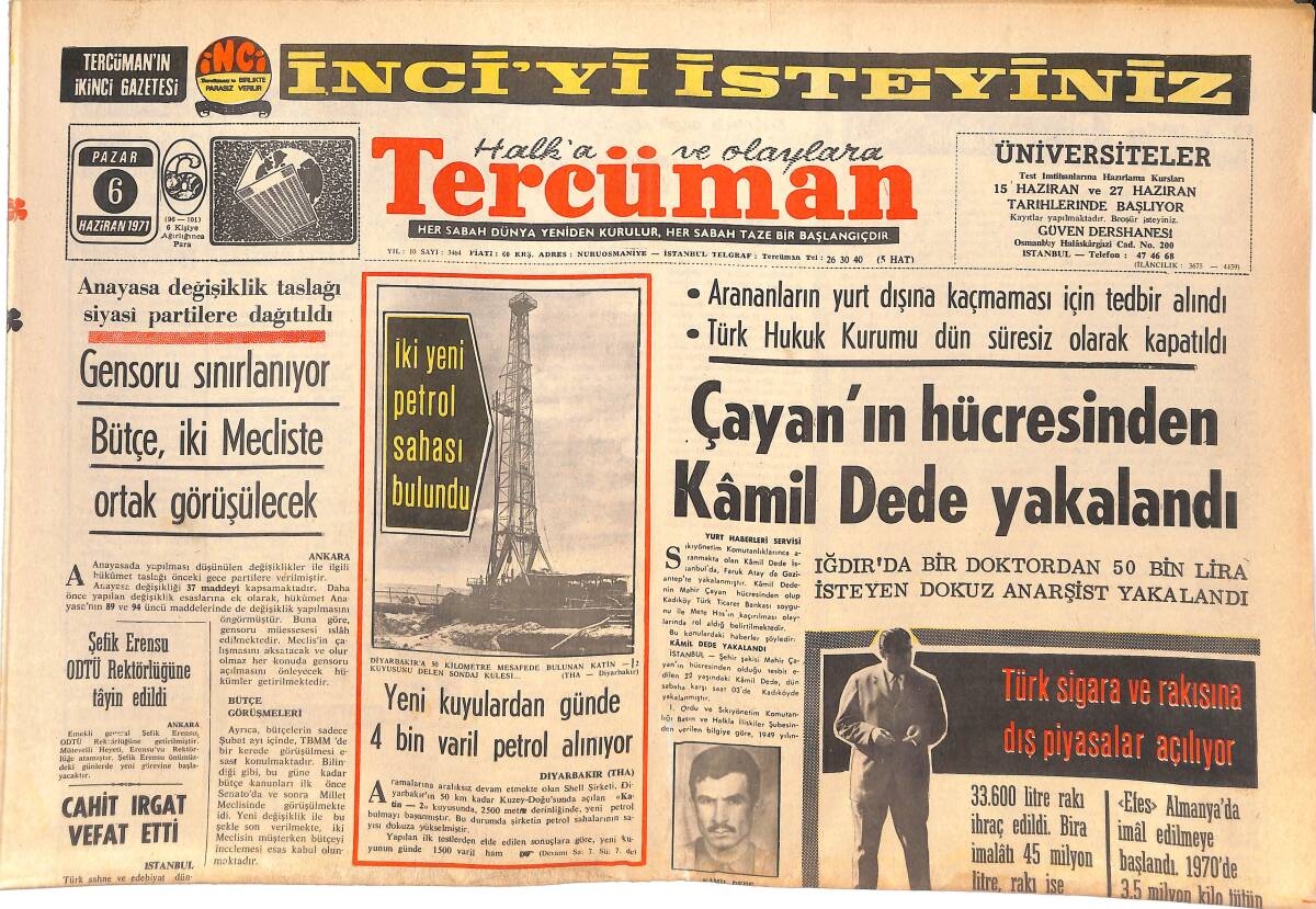 Tercüman Gazetesi 6 Haziran 1971 - Çayan'ın Hücresinde Kamil Dede Yalakandı. - Kaçakçılığı Önlemek İçin Çay Fiat İndirilecek. GZ144794 - 1