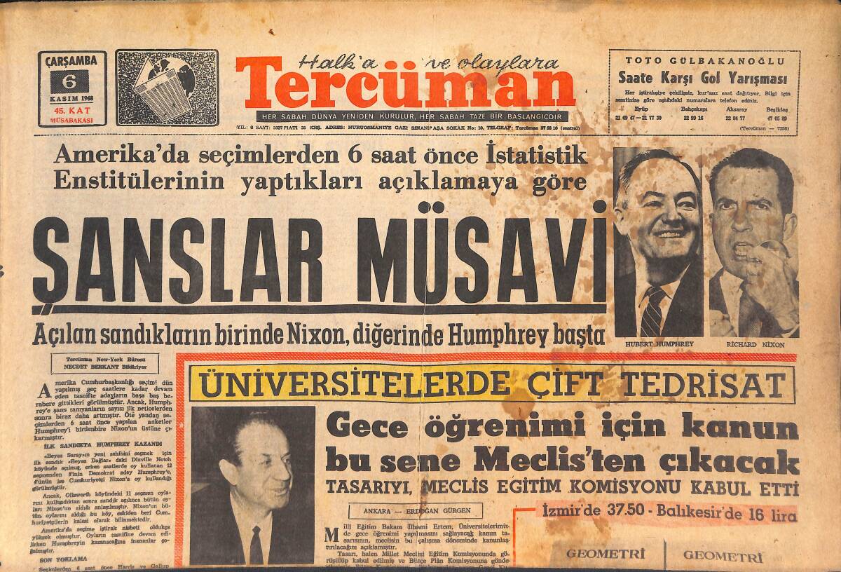 Tercüman Gazetesi 6 Kasım 1968 - Fenerbahçe Barut Fıçısı - Gece Öğrenimi İçin Kanun Bu Sene Meclis'ten Çıkacak! GZ146112 - 1
