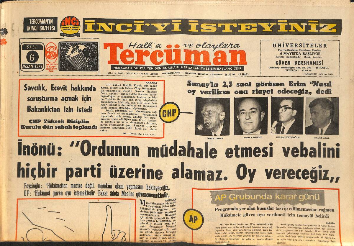 Tercüman Gazetesi 6 Nisan 1971 - Coca-Cola Sahibinin Yeğen Ve Eniştesi Kaçırıldı - Sason Dağlarının Samedosu Eşkiyalara Aman Vermiyor GZ145508 - 1
