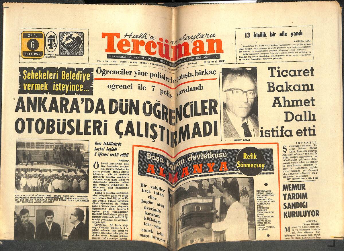 Tercüman Gazetesi 6 Ocak 1970 - Ankara'da Dün Öğrenciler Otobüsleri Çalıştırmadı - Ticaret Bakanı Ahmet Dallı İstifa Etti GZ143412 - 1