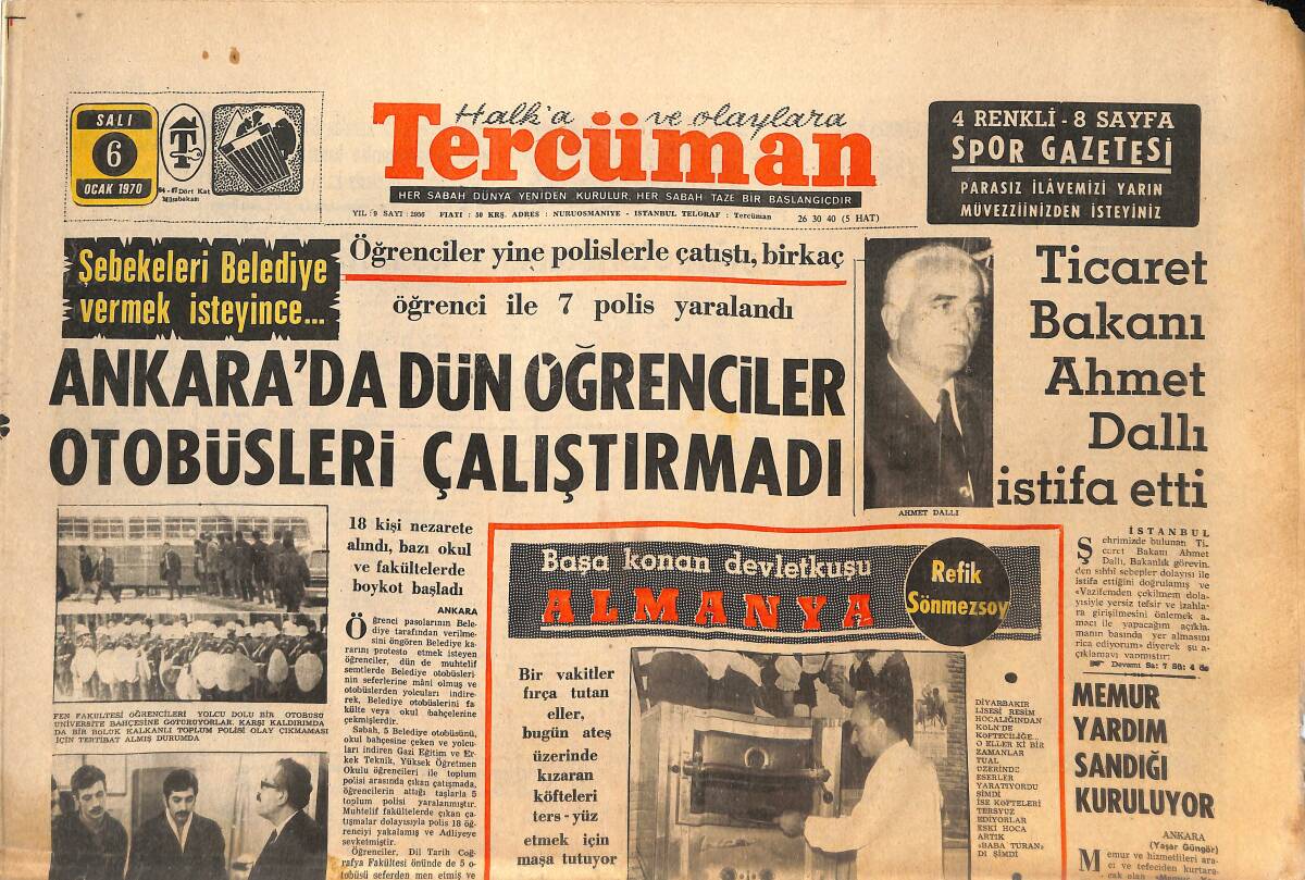 Tercüman Gazetesi 6 Ocak 1970 - Kol Gezen Grip Türkiye'de - Ankara'da Dün Öğrenciler Otobüsleri Çalıştırmadı GZ144756 - 1