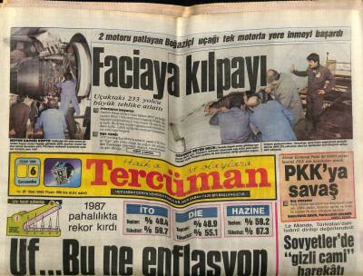 Tercüman Gazetesi 6 Ocak 1988 - 2 Motoru Patlayan Boğaziçi Uçağı Tek Motorla Yere İnmeyi Başardı GZ67150 - 1
