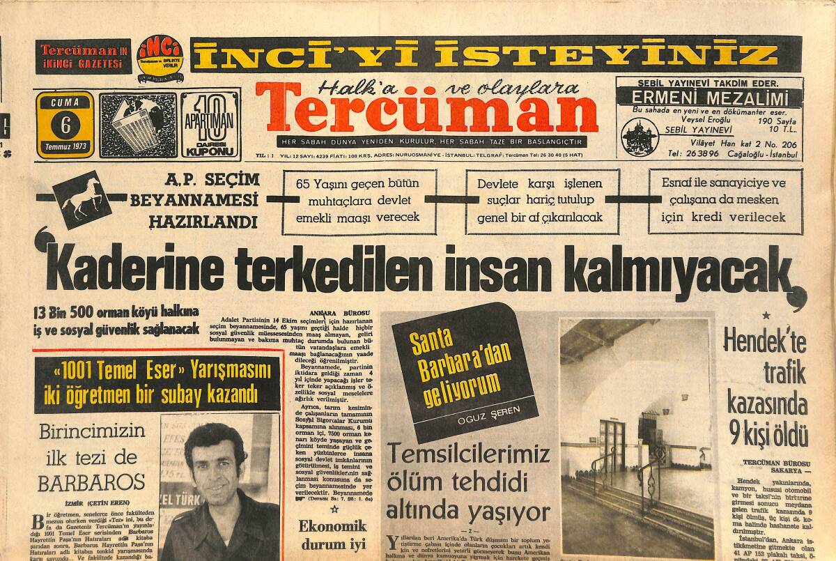 Tercüman Gazetesi 6 Temmuz 1973 - İşte Beşiktaşlı Mesut - Galatasaray Metin Hariç İç Transferi Bitirdi GZ141198 - 1