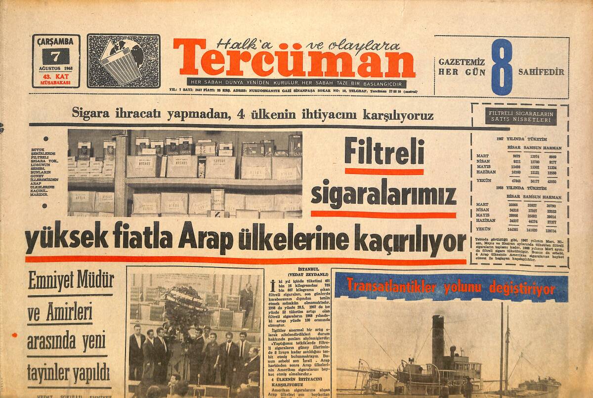 Tercüman Gazetesi 7 Ağustos 1968 - Filtreli Sigaralarımız Yüksek Fiatla Arap Ülkelerine Kaçırılıyor GZ145476 - 1