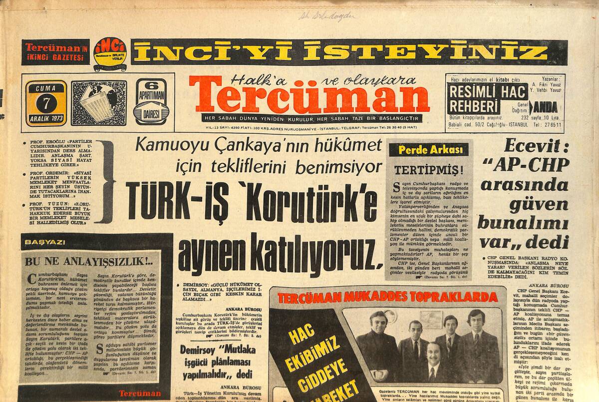 Tercüman Gazetesi 7 Aralık 1973 - Ünlü Modacı Guarnera: Türk Zevkine Hayranım - Riva, Sigarayı Bıraktı GZ145557 - 1