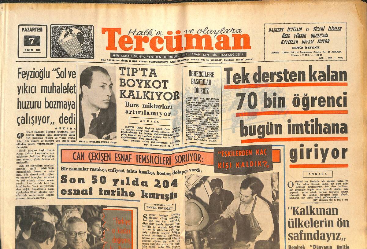 Tercüman Gazetesi 7 Ekim 1968 - Tek Dersten Kalan 70 Bin Öğrenci Bugün İmtihana Giriyor GZ144520 - 1