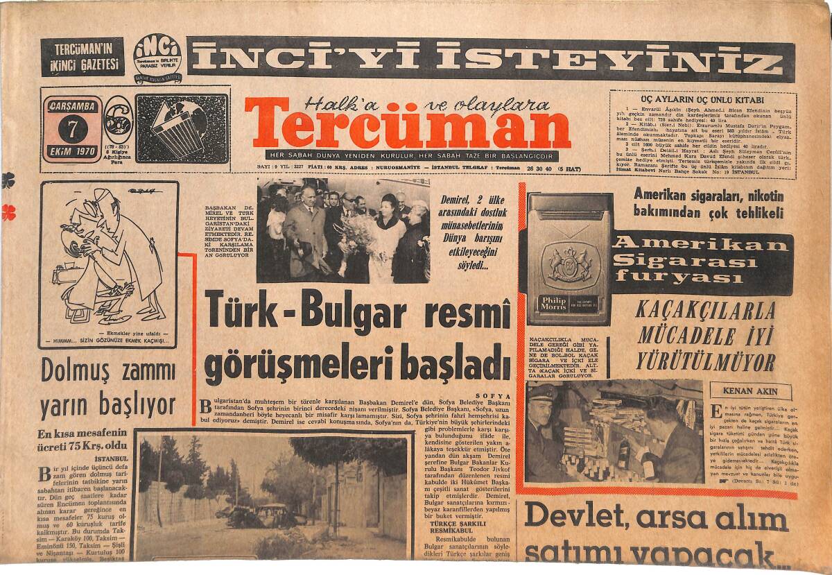 Tercüman Gazetesi 7 Ekim 1970 - Türk-Bulgar Resmi Görüşmeleri Başladı! - Türkiye'de İlk Astım Ameliyatı Tavşanlı Devlet Hastanesinde Yapıldı! GZ144959 - 1