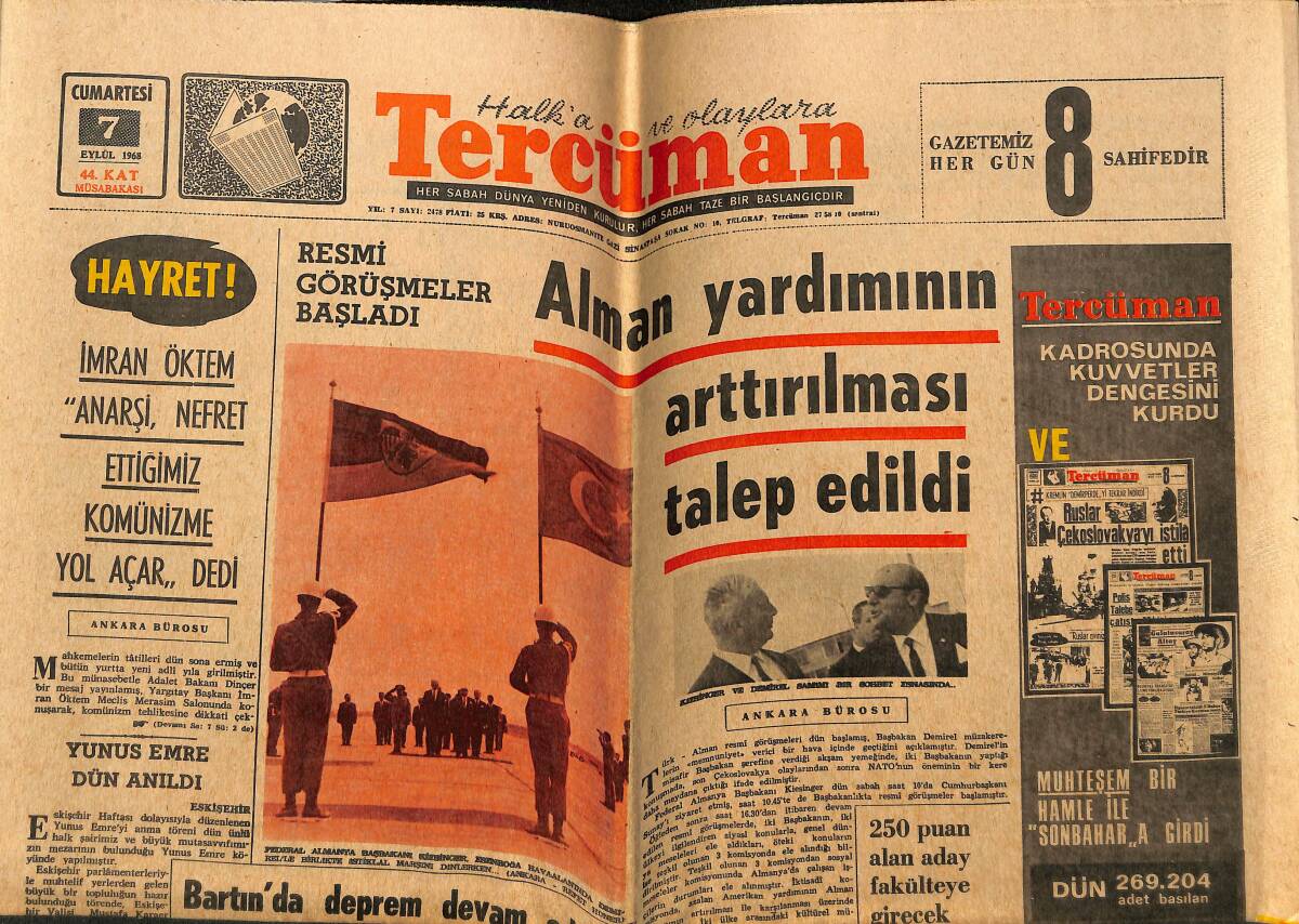 Tercüman Gazetesi 7 Eylül 1968 - Samsun Milletvekili Uzunoğlu'nun Kızı Ve İki Oğlu Trafik Kazasında Öldü - Yunus Emre Dün Anıldı GZ148837 - 1