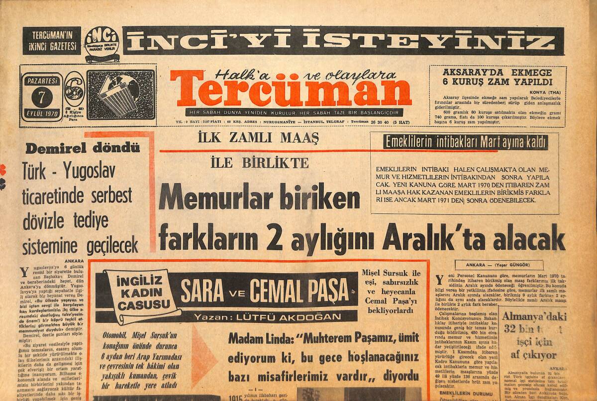 Tercüman Gazetesi 7 Eylül 1970 - Cemal Paşa'ya Sarayı Sara'yı Tanıştıran Kadın Linda - Pele, Şampiyonluk Sadece Ona Ait Değil GZ145932 - 1