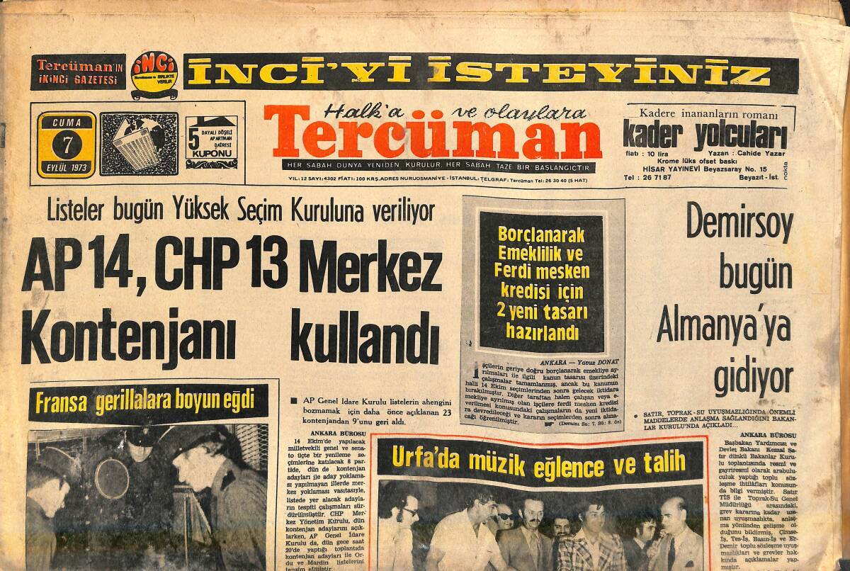 Tercüman Gazetesi 7 Eylül 1973 - Demirsoy Bugün Almanya'ya Gidiyor - Clay Otelini Beğenmedi GZ141827 - 1