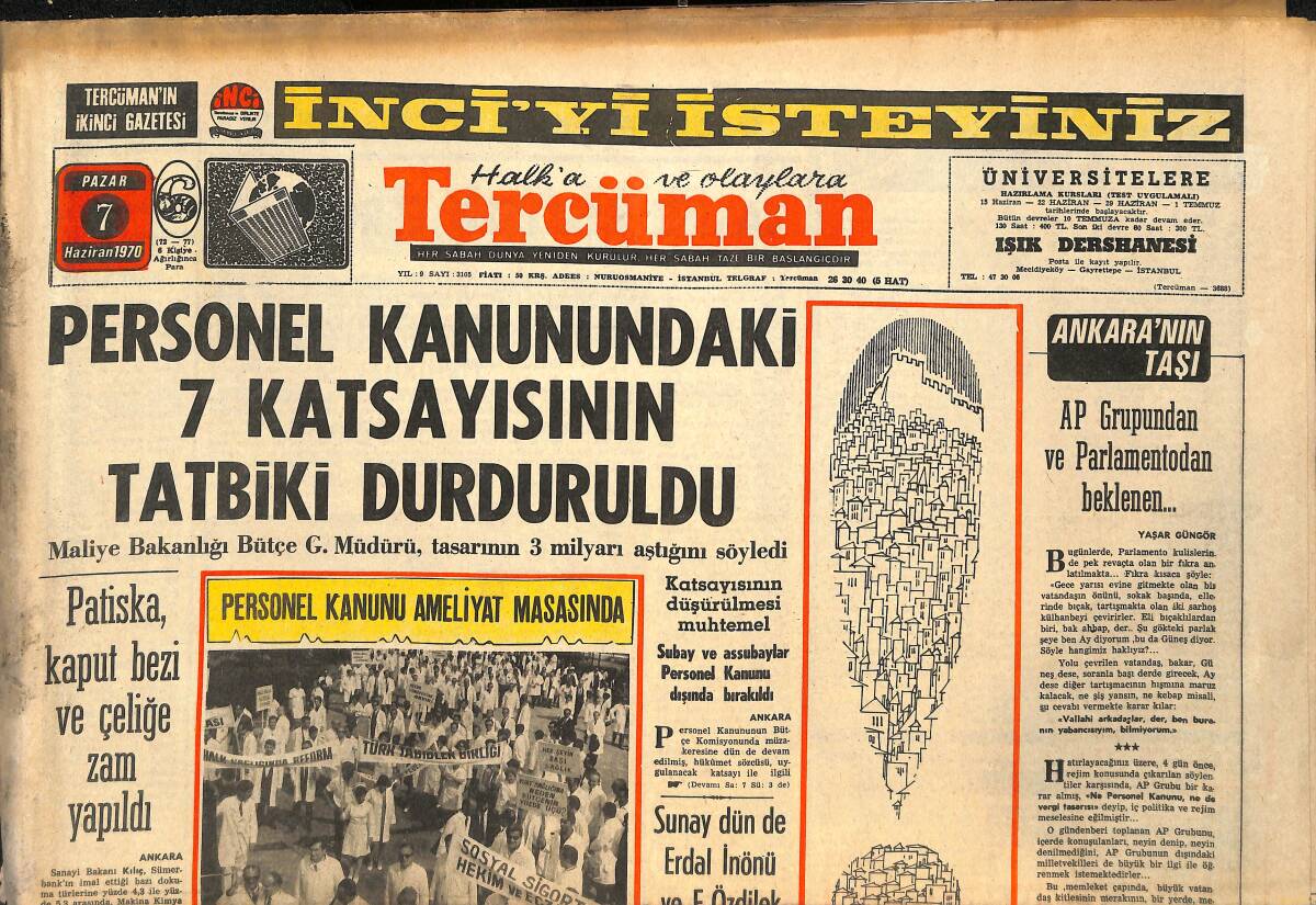 Tercüman Gazetesi 7 Haziran 1970 - Arsa Ve Bina Satışı Yüzde 500 Arttı - Personel Kanunundaki 7 Katsayısının Tatbiki Durduruldu GZ145487 - 1
