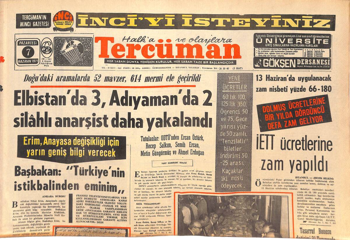 Tercüman Gazetesi 7 Haziran 1971 - Ankara Ekspresi Antalya'da Birinci Oldu - İETT Ücretlerine Zam Yapıldı GZ144792 - 1