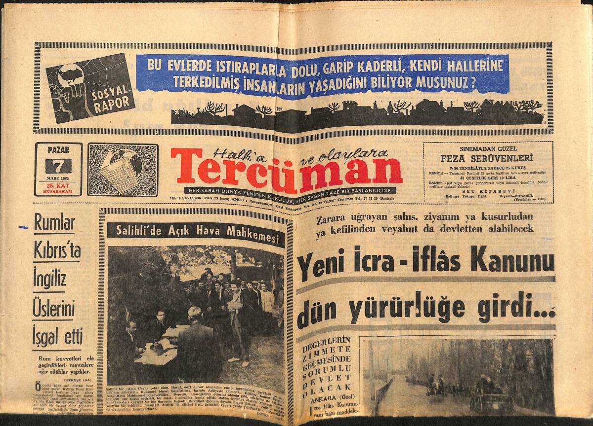 Tercüman Gazetesi 7 Mart 1965 - Yeni İcra - İflas Kanunu Dün Yürürlüğe Girdi! - Rumlar Kıbrıs'ta İngiliz Üslerini İşgal Etti! GZ140568 - 1