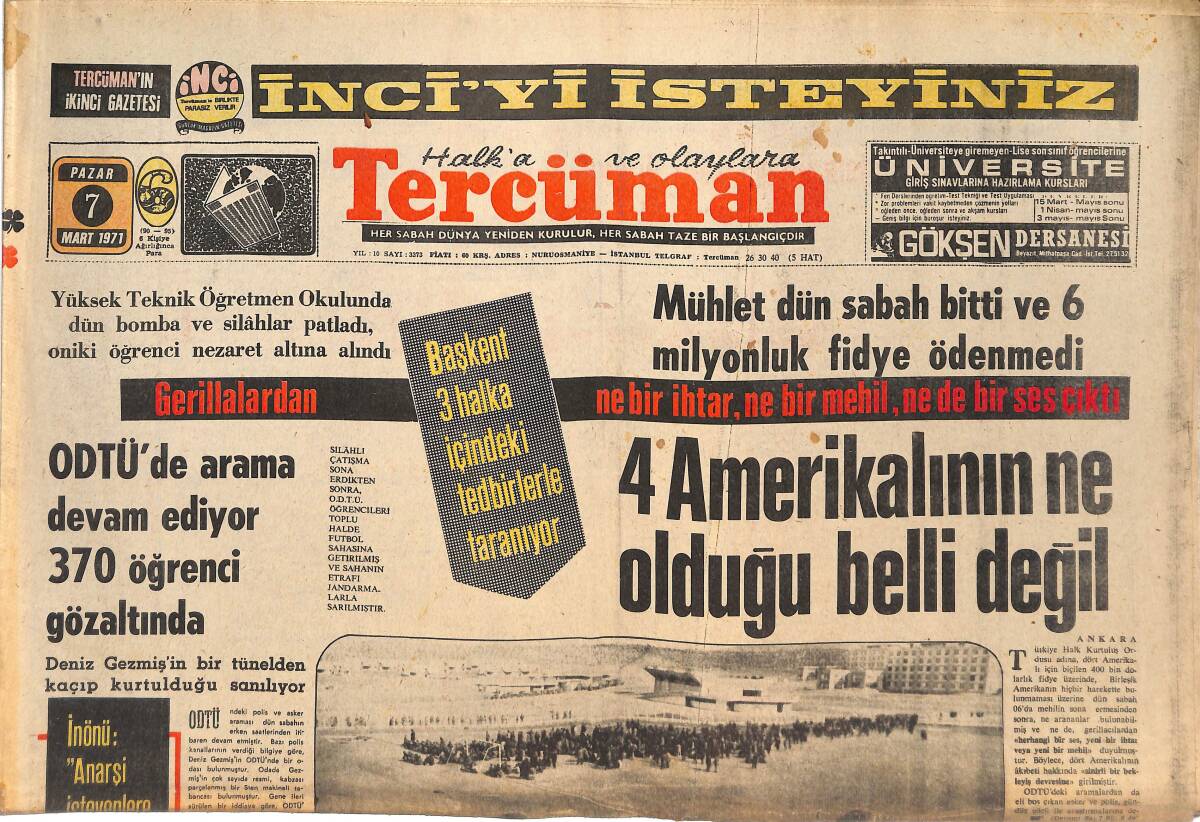 Tercüman Gazetesi 7 Mart 1971 - Elazığ Milletvekili Sanaç Vefat Etti - Başkent 3 Halka İçindeki Tedbirlerle Taranıyor GZ144774 - 1
