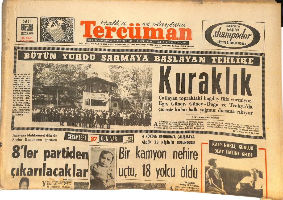 Tercüman Gazetesi 7 Mayıs 1968 - Bütün Yurdu Sarmaya Başlayan Tehlike: Kuraklık - Fenerbahçe Şeref Turlarına Başlıyor! GZ144713 - 1
