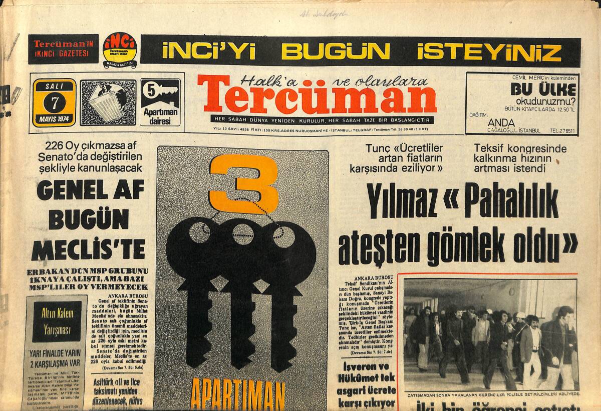 Tercüman Gazetesi 7 Mayıs 1974 - 2 Bin Öğrenci Çatıştı - Bir Bankanın Kapısı Dinamitlendi - Eczacıbaşı: En Düşük Kar Oranı İlaç Sanayisinde GZ141223 - 1