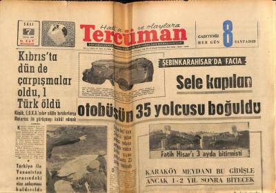 Tercüman Gazetesi 7 Nisan 1964 - Şebinkarahisarda Facia , Sele Kapılan Otobüsün 35 Yolcusu Boğuldu GZ77548 - 1