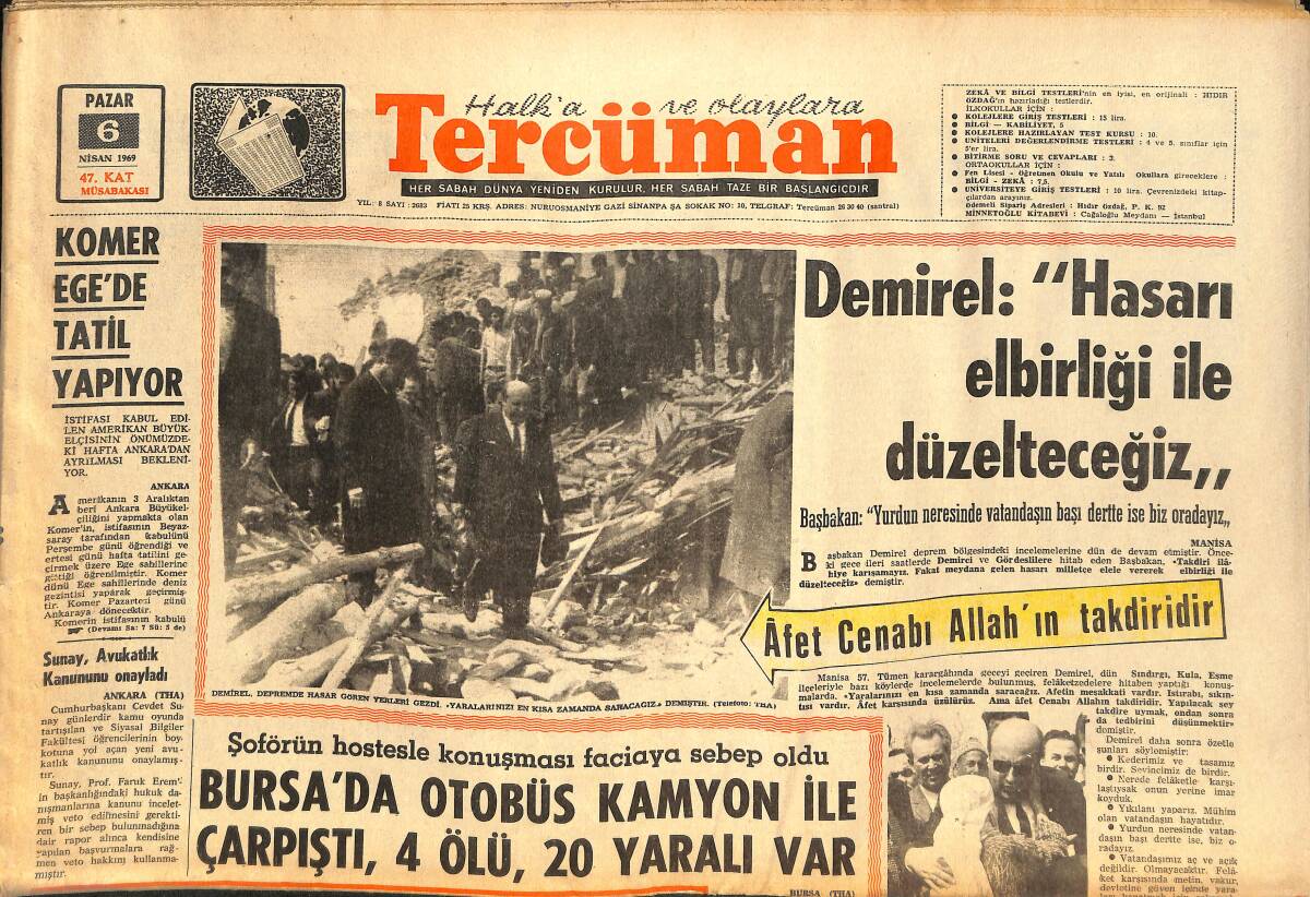 Tercüman Gazetesi 7 Nisan 1969 - Fenerbahçe Galatasaray'ı Frenledi 1-0 - Arthur Miller Saadeti Çirkin Bir Eş Seçmekle Yakaladı GZ145607 - 1