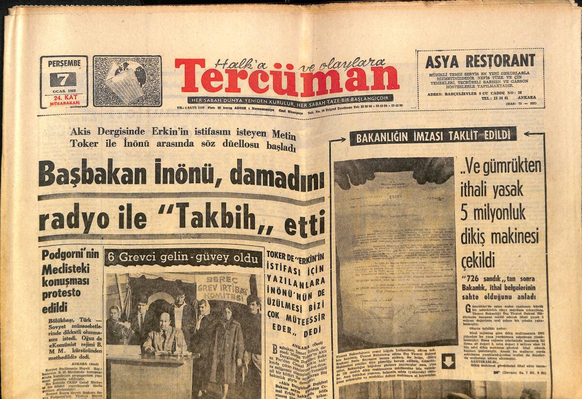 Tercüman Gazetesi 7 Ocak 1965 - Başbakan İnönü, Damadını Radyo İle Takbih Etti - Mozambikli Eusebio Yine Formda GZ140438 - 1