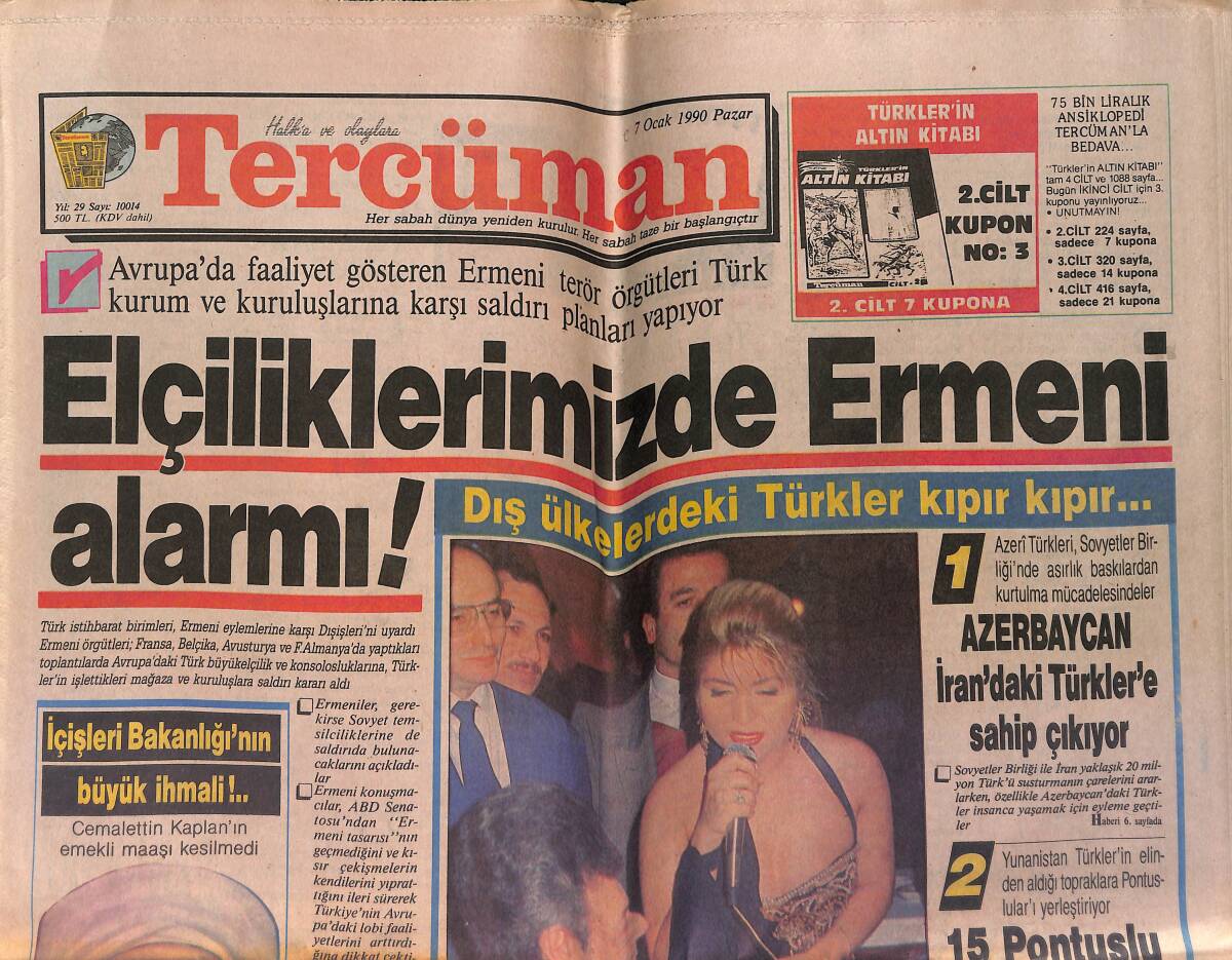 Tercüman Gazetesi 7 Ocak 1990 - Azerbaycan Başkanı Sibel Can'a Hayran Oldu - Kartal'dan Veysel'e Beş Tokat GZ153386 - 1