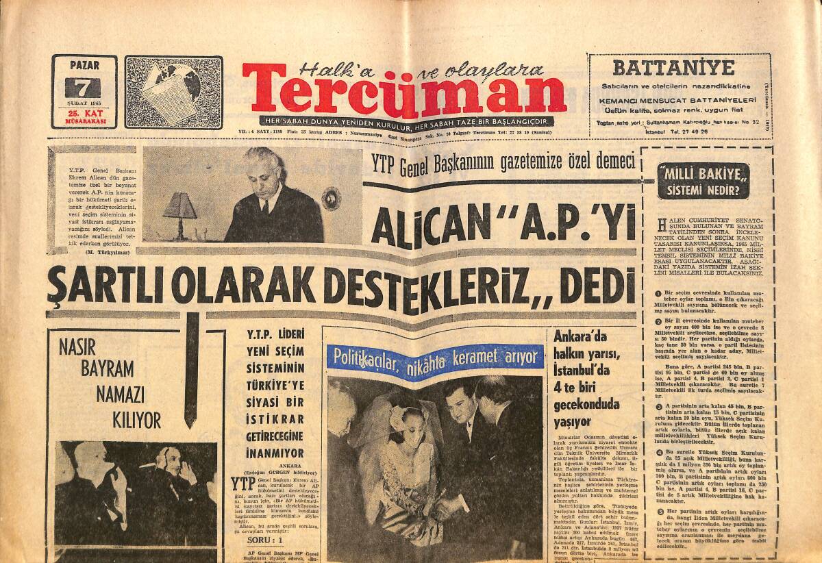 Tercüman Gazetesi 7 Şubat 1965 - Nasır Bayram Namazı Kılıyor - Uyurken Vahşi Danslar Yapıyor - Alican, AP'yi Şartlı Olarak Destekleriz Dedi GZ140444 - 1
