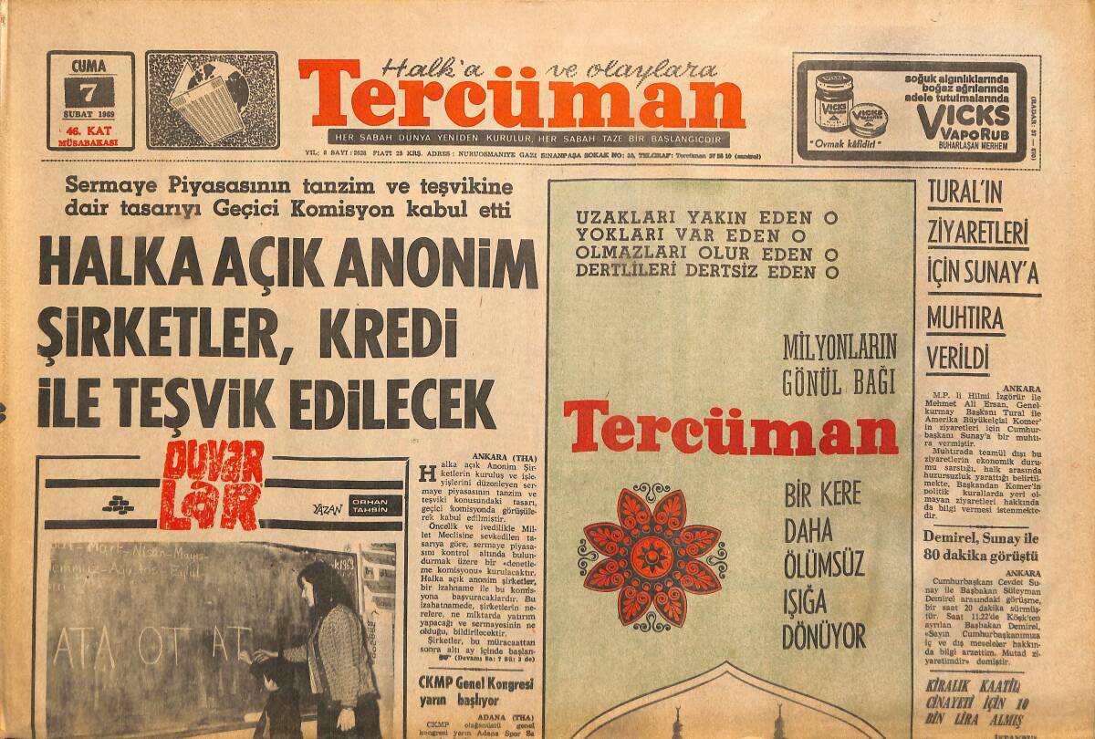 Tercüman Gazetesi 7 Şubat 1969 - Halka Açık Anonim Şirketler, Kredi İle Teşvik Edilecek! - Vehbi Emre FİLA'YI Bırakıyor! GZ146294 - 1