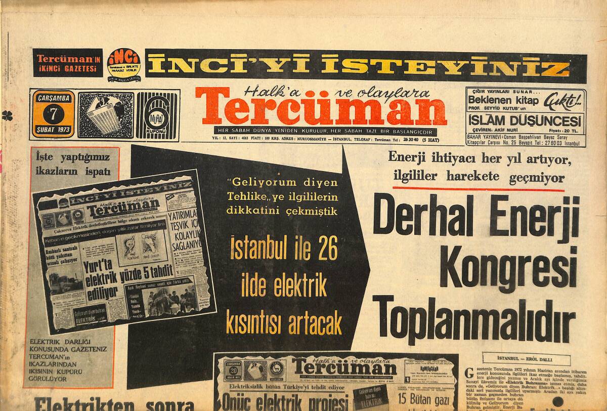 Tercüman Gazetesi 7 Şubat 1973 - Kıbrıs Yeni Bir İç Savaşın Eşiğinde - Kamacı, Dünya Şampiyonu Olursa Altın Eldiven Alacak GZ146362 - 1