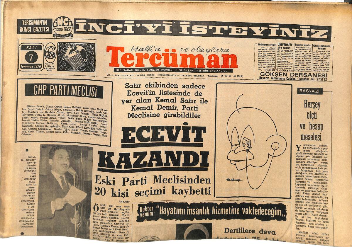 Tercüman Gazetesi 7 Temmuz 1970 - Ecevit Kazandı - Trabzonspor Parasızlıktan Transfer Yapamıyor GZ145256 - 1