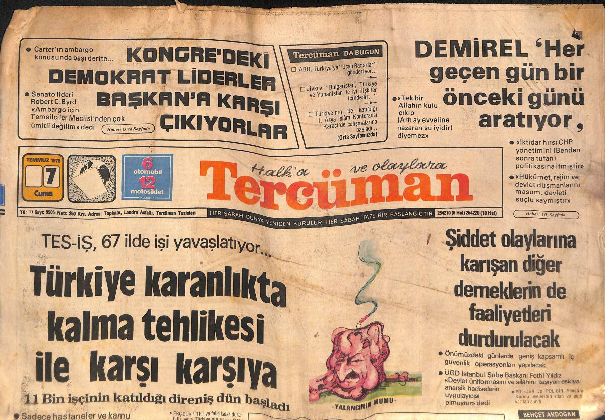 Tercüman Gazetesi 7 Temmuz 1978 - Demirel 