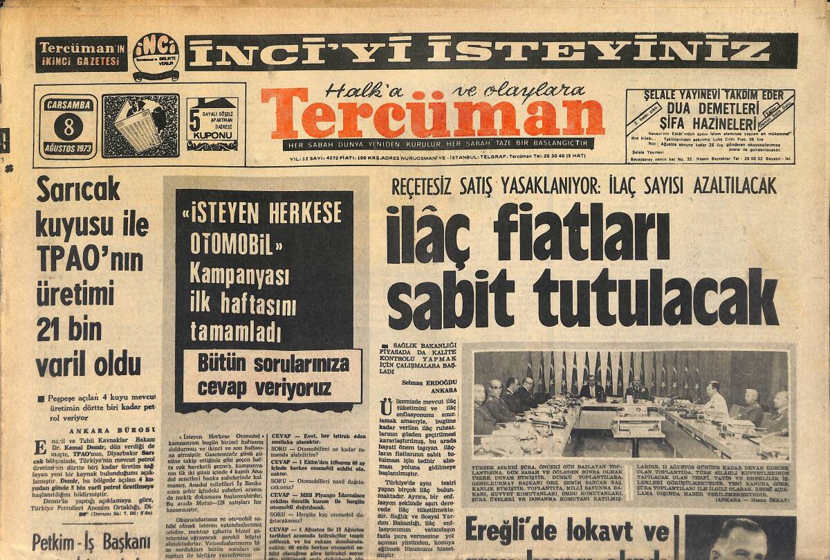 Tercüman Gazetesi 8 Ağustos 1973 - TRT, Alman TV'SİNİN İstediği Haftalık Programı Veremedi - Kaptan Nedim Takımına Son Talimatı Verdi! GZ146080 - 1